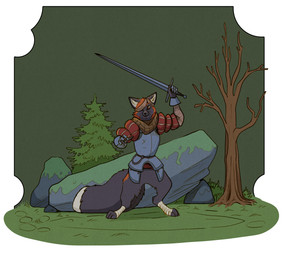 anthro armor bottomless bottomless_anthro clothed clothing eye_patch eyewear featureless_crotch holding_melee_weapon holding_object holding_sword holding_weapon male medieval medieval_armor medieval_clothing melee_weapon solo sword weapon garbagegarage canid canine cross_fox fox mammal red_fox true_fox hi_res