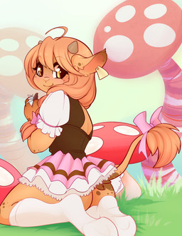 accessory amber_eyes anthro biped blush bow_(feature) bow_accessory bow_ribbon braided_hair brown_body brown_fur butt candy chocolate clothed clothing dessert dress eating female food footwear freckles fungus fur furgonomics grass hair hooves horn kneeling legwear long_hair looking_at_viewer looking_back mushroom orange_hair outside plant ribbons smile socks solo tail tail_accessory tail_bow tail_ribbon thick_thighs night_creep bovid bovine cattle mammal 2014 hi_res