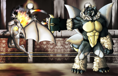 4_toes 5_fingers aiming_at_another anthro arm_cannon black_hair blue_body breasts dragon_wings duo explosion featureless_breasts featureless_crotch feet female fingers fist fur grey_body grey_fur hair insect_wings lepidopteran_wings light mane missile muscular muscular_female nude nude_anthro nude_female open_mouth pain pointy_ears ranged_weapon shooting_gun toes wall_(structure) weapon white_body white_fur wings wirwik hikari_(bonjolasermaster) arthropod canid canine canis hybrid insect lepidopteran mammal moth wolf absurd_res hi_res huge_filesize