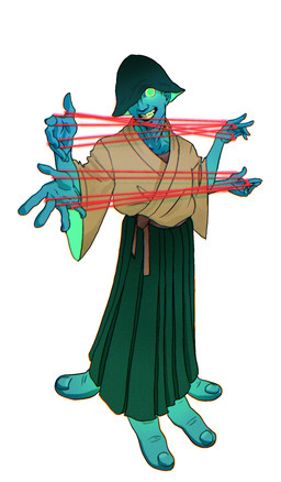5_arms 5_fingers blue_body blue_skin bottomwear bucket_hat cat's_cradle clothed clothing fingernails fingers glowing glowing_eyes grin hat headgear headwear looking_at_viewer male multi_arm multi_limb nails not_furry smile solo teeth unusual_anatomy rm-cain ena:_dream_bbq ena_(series) the_suspicious_man_(ena) humanoid mammal digital_media_(artwork) full-length_portrait hi_res portrait