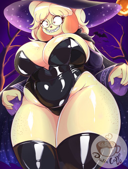anthro belly big_breasts blonde_hair breasts clothing costume dvalin_coffee eyewear female food freckles fruit fur glasses hair hat headgear headwear holidays latex latex_clothing nerdbelle_dvalinarts nervous nervous_smile night plant pumpkin slightly_chubby slightly_chubby_anthro slightly_chubby_female smile solo thick_thighs wide_hips witch_costume witch_hat yellow_body yellow_fur dvalinarts animal_crossing halloween nintendo isabelle_(animal_crossing) nerdbelle canid canine canis domestic_dog mammal absurd_res hi_res