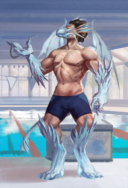 3_toes 5_fingers anthro arm_spikes barefoot biceps biped blue_claws bottomwear broad_shoulders brown_hair bunting_(banner) calf_muscles cheek_frill claws clothed clothing curled_fingers dewclaw digitigrade elbow_spikes eyewear feet finger_claws fingers frill_(anatomy) goggles growth hair head_crest head_frill head_spikes holding_goggles horn human_to_anthro indoor_swimming_pool inside leg_spikes long_claws looking_at_hand male membrane_(anatomy) membranous_wings mid_transformation muscle_growth muscular muscular_anthro muscular_human muscular_male navel nipples paws pecs plant scale_growth scales serratus smile snout snout_growth solo species_transformation spikes spikes_(anatomy) standing swimming_goggles swimming_pool swimming_trunks swimwear swimwear_only tail tail_frill tail_growth tight_clothing toe_claws toes topless transformation tree white_body white_horn white_scales wing_growth wings sidj-6 mythology daniel_fovahlok dragon elemental_creature elemental_dragon human ice_dragon mammal mythological_creature mythological_scalie scalie shaded