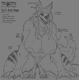 anthro areola barbell_piercing belly big_breasts bone breasts claws crotch_tuft ear_piercing eyelashes female fluffy fluffy_hair fluffy_tail fur genitals hair inner_ear_fluff long_eyelashes looking_at_viewer markings mature_anthro mature_female messy_hair navel nipple_dip nipple_piercing nipples nude open_mouth overweight piercing plump_labia scar sharp_teeth simple_background skull skull_head smile solo striped_markings stripes tail teeth text thick_thighs tuft vulva wide_hips niko_stargazer scp_foundation fan_character nik0_(niko_stargazer) scp-1471-a canid canine mammal absurd_res english_text hi_res monochrome mother_(lore) parent_(lore)