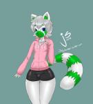 anthro blue_eyes bottomwear bulge clothing colored_nails femboy fur green_body green_fur hair jacket looking_at_viewer male nails shorts simple_background smile solo topwear white_body white_fur white_hair jollysaunter ailurid mammal red_panda absurd_res hi_res