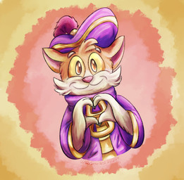 abstract_background anthro cheek_tuft clothing facial_tuft fur gesture hat hat_feather head_tuft headgear headwear heart_gesture looking_at_viewer loose_feather male orange_body orange_eyes pink_nose purple_clothing purple_hat purple_headwear smile solo tuft zipper undergreysnest squire_(salamikii) domestic_cat felid feline felis mammal colored dated half-length_portrait portrait shaded signature