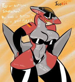 aircraft anthro armwear bedroom_eyes big_breasts body_writing breasts clothing female german_flag gloves hand_on_hip handwear latex latex_armwear latex_clothing latex_gloves latex_handwear latex_legwear latex_thigh_highs legwear machine narrowed_eyes seductive solo standing text thick_thighs thigh_highs three-quarter_view vehicle iconictm castellan_(iconictm) aeromorph living_aircraft living_machine living_vehicle german_text hi_res translated