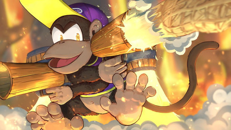 5_toes barefoot barrel bottomless clothed clothing feet fire fur glowing glowing_eyes gun handgun hat headgear headwear male navel open_mouth prehensile_feet ranged_weapon smoke soles solo toes weapon ippers donkey_kong_(series) nintendo diddy_kong haplorhine mammal monkey primate 16:9 2019 widescreen