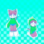 anthro blue_bottomwear blue_clothing blue_shorts blush bottomwear brown_body brown_fur clothed clothing footwear fur green_clothing green_hoodie green_topwear hair hoodie kneeling looking_at_viewer male shorts simple_background sitting smile socks solo standing tail topwear uwu berryjuuce felid feline mammal full-length_portrait portrait