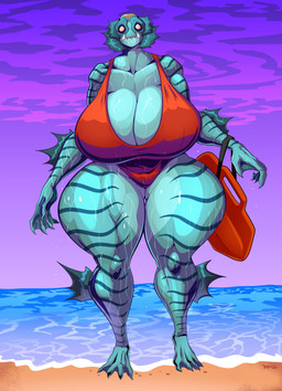 anthro big_breasts blue_body breasts clothing female huge_breasts huge_hips huge_thighs lifeguard lifeguard_swimsuit muscular muscular_anthro muscular_female non-mammal_breasts one-piece_swimsuit red_clothing red_swimwear solo standing swimwear teeth thick_thighs water wet wet_body wide_hips jaeh animal_humanoid aquatic fish humanoid 2025 absurd_res hi_res