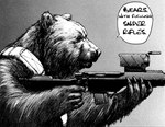 5_fingers ambiguous_gender anthro black_nose fingers gradient_background gun holding_gun holding_object holding_ranged_weapon holding_rifle holding_weapon humor profanity ranged_weapon rifle side_view simple_background sniper_rifle snout solo speech_bubble text weapon nihei_tsutomu biomega bear mammal english_text greyscale monochrome