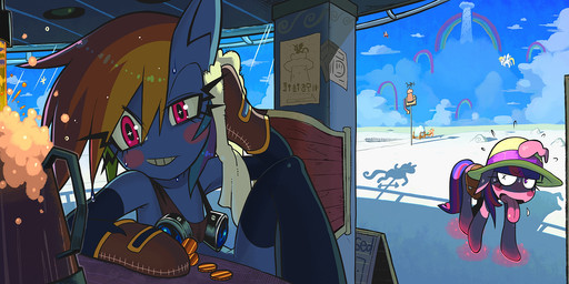 anthro bar beverage blue_body blush bodily_fluids cider clothing cloud coin day detailed_background duo eyewear female feral gloves goggles handwear hat headgear headwear holding_object holding_towel horn looking_at_viewer outside pink_eyes rainbow sand sign sitting smile sun_hat sweat tail text tongue tongue_out towel gashi-gashi friendship_is_magic hasbro my_little_pony mythology rainbow_dash_(mlp) twilight_sparkle_(mlp) equid equine horse mammal mythological_creature mythological_equine pony unicorn 2012 digital_media_(artwork) english_text hi_res