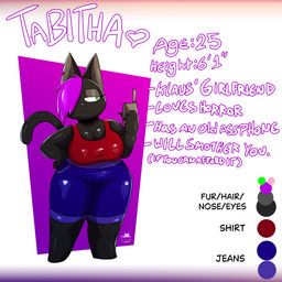 anthro big_breasts black_body black_fur bored bottomwear breasts cellphone clothing denim denim_bottomwear denim_clothing electronics female fur hair holding_object holding_phone jeans pants phone purple_hair red_clothing red_shirt red_topwear shirt solo text thick_thighs topwear stillelk62 tabitha_(stillelk62) domestic_cat felid feline felis mammal 1:1 absurd_res english_text hi_res model_sheet