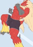 abs anthro bodily_fluids bulge clothing fur genitals hair male muscular muscular_male nipples penis simple_background solo sweat underwear geryorias nintendo pokemon blaziken generation_3_pokemon pokemon_(species) absurd_res hi_res