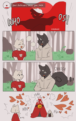 4_panel_comic ambiguous_gender anthro black_body black_fur clothed clothing dialogue fur group heart_symbol inner_ear_fluff male male/male onomatopoeia sex sound_effects speech_bubble symbol tent text tuft user_interface white_body white_fur kandavers cult_of_the_lamb massive_monster_(studio) follower_(cult_of_the_lamb) lamb_(cult_of_the_lamb) narinder red_crown_(cult_of_the_lamb) bovid caprine domestic_cat felid feline felis mammal sheep 2026 comic english_text hi_res