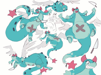 2_horns anthro back_wings dipstick_ears ear_markings eyelashes feathered_wings feathers female female_anthro floppy_ears grin holding_knife holding_object horn knife long_tail multicolored_ears red_horn red_star sharp_teeth simple_background slightly_chubby slightly_chubby_anthro slightly_chubby_female smile snout solo spread_wings tail teal_body teal_ears teeth thick_thighs toony white_background white_body white_feathers white_wings wings x_marking miluinaoxie mythology lucky_kingdomfall dragon mythological_creature mythological_scalie scalie 2023 flat_colors hi_res sketch_page