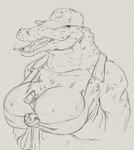 anthro breasts cigarette clothing collared_shirt female hat headgear headwear item_in_cleavage non-mammal_breasts smoke solo upai amelia_(doctordj) crocodile crocodilian reptile scalie hi_res sketch