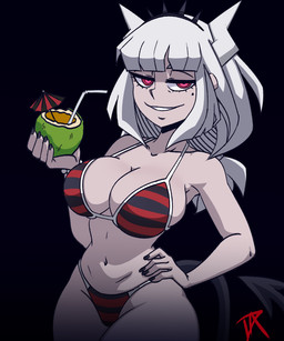 big_breasts bikini biped breasts clothed clothing eyelashes female hand_on_hip not_furry pupils red_eyes smile spade_tail swimwear tail two-piece_swimsuit wide_hips dalley-the-alpha helltaker lucifer_(helltaker) demon demon_humanoid humanoid 5:6 hi_res
