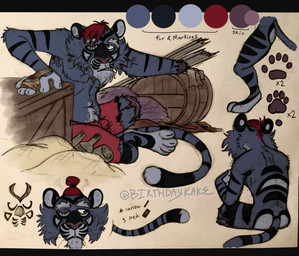 2_missing_limbs amputee armpit_hair bandage blood bodily_fluids body_hair bottomwear clothing disability hair male missing_arm missing_leg nude pirate pubes red_hair scar shorts solo birthdaykake pirate101 felid mammal pantherine tiger model_sheet