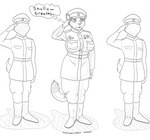 anthro belt big_breasts boots breasts clothing faceless_character faceless_male female footwear gesture group hat headgear headwear male medal military_uniform russian salute shoes soviet_union thought_bubble uniform world_war_2 panzerschreckleopard laya_chuganova felid mammal pantherine snow_leopard 2022 absurd_res hi_res monochrome