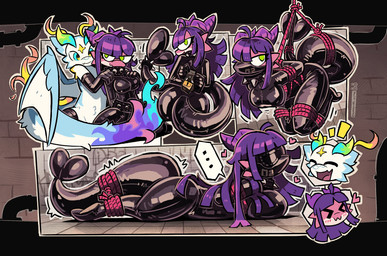 ambiguous_gender anthro arms_tied armwear bdsm big_breasts black_armwear black_bodysuit black_clothing black_elbow_gloves black_gloves black_handwear black_latex black_legwear black_skinsuit black_thigh_highs blindfold blue_body blue_fur bodysuit bondage bound breasts clothing collar duo elbow_gloves female fur gloves green_eyes hair handwear heart_symbol latex latex_armwear latex_bodysuit latex_clothing latex_elbow_gloves latex_gloves latex_handwear latex_legwear latex_mask latex_skinsuit latex_thigh_highs legs_tied legwear lock lying mask multicolored_body multicolored_fur on_front on_ground pink_body purple_body purple_fur purple_hair restraints rope rope_bondage rope_harness skinsuit spiked_collar spikes tail tail_tied thigh_highs tight_clothing wearing_mask white_body white_fur kurousagi_kemo mythology nora_(stove2) dragon kobold mythological_creature mythological_scalie scalie comic hi_res