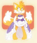 anthro barefoot biped black_nose blush clothed clothing crossdressing dipstick_tail dress embarrassed feet femboy fur gloves gown handwear male markings multicolored_tail smile solo tail tail_markings wedding_clothing wedding_dress white_body white_fur yellow_body yellow_fur katidoj sega sonic_the_hedgehog_(series) miles_prower canid canine fox mammal hi_res