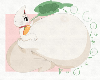 ambiguous_gender anthro bell bell_collar belly big_belly big_butt breasts burp_cloud burping butt collar digestion female female/ambiguous nude open_mouth overweight overweight_anthro overweight_female rumbling_stomach simple_background size_difference smaller_pred solo sound_effects speech_bubble tail text thick_thighs vore white_body wide_hips zazz_(artist) dandadan turbo_granny_(dandadan) felid feline mammal 5:4 hi_res