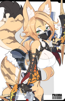 anthro big_breasts breasts clothing female fur green_eyes hair solo tail tuft white_body white_fur yellow_body yellow_fur jellcaps mihoyo zenless_zone_zero pulchra_fellini felid feline mammal thiren digital_media_(artwork) hi_res