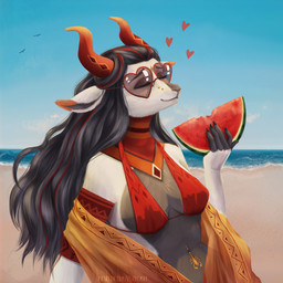 5_fingers anthro armband armwear bikini bikini_top black_hair bridge_piercing clothing detailed_food eyes_closed facial_piercing female fingers food fruit fur furgonomic_piercing furgonomics grey_body grey_fur hair heart_symbol highlights_(coloring) hooves horn long_hair melon muzzle_piercing navel navel_piercing neckwear nose_piercing panties piercing plant red_highlights smile solo swimwear tropical two-piece_swimsuit underwear unguligrade watermelon watermelon_slice white_body white_fur fenneke_may melany_erembour bovid caprine cashmere_goat domestic_goat goat mammal 1:1 detailed hi_res