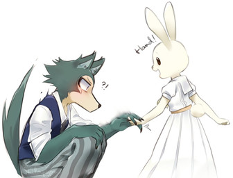 anthro blush bottomwear clothed clothing dress duo exclamation_point female fully_clothed fur grey_body grey_fur interrobang larger_male male pants shirt simple_background size_difference smaller_female text topwear white_background white_body white_fur tilapyon beastars haru_(beastars) legoshi_(beastars) canid canine canis domestic_rabbit dwarf_rabbit lagomorph leporid mammal netherland_dwarf_rabbit oryctolagus rabbit wolf english_text