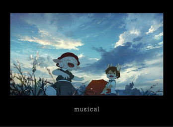 anthro brown_hair clothed clothing cloud duo eyes_closed female fur hair kemono male male/female open_mouth outside red_umbrella singing tan_body tan_fur umbrella white_body white_fur white_hair young young_anthro young_female young_male nishiko24 shika_(nishiko24) yagi_(nishiko24) bovid caprine deer goat mammal 2019 japanese_description