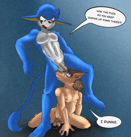 annoyed anthro ball_nuzzling balls balls_on_face bodily_fluids circumcised circumcision_scar dialogue duo eyewear flaccid furry_balls genital_fluids genital_scar genitals glass glasses hair leaking_precum long_hair male male/male nipples nude penis precum pubes scar simple_background speech_bubble wearing_glasses illegaleel drip_(jack) mallorie_(illegaleel) hybrid unknown_species hi_res