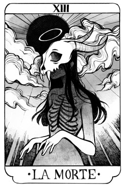 2_horns black_hair bone bone_mask card cloud death_(tarot) fangs female hair halo horn long_hair major_arcana mask not_furry nude rib_cage roman_numeral skull skull_mask solo tarot tarot_card teeth translucent translucent_body feefal demon demon_humanoid humanoid hi_res monochrome traditional_media_(artwork)