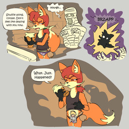 ambiguous_gender annoyed anthro bag black_body black_clothing black_fur black_shirt black_tank_top black_topwear breasts censored_genitalia censored_penis clothed clothing coin_bag convenient_censorship crotch_lines curse cursed dialogue dipstick_tail duo electric_shock eyebrows eyelashes eyeless female fox_tail ftm_transformation fur gender_transformation green_hair_tie groan hair looking_at_another looking_back looking_back_at_another male markings masculinization multicolored_body multicolored_fur mummy_wrappings oblivious open_mouth orange_body orange_eyes orange_fur orange_tail panties pantsless purple_clothing purple_panties purple_underwear red_eyebrows red_hair shirt small_breasts sound_effects speech_bubble tail tail_markings talking_to_another tan_body tan_fur tan_tail_tip tank_top text tied_hair topwear transformation transformation_through_magic two_tone_body two_tone_fur underwear vase young young_anthro young_female young_male bisonvega fox_girl_(bisonvega) angel canid canine fox humanoid mammal monster mummy undead 1:1 2025 censored comic english_text hi_res sequence