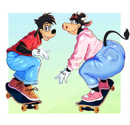 age_difference anthro big_butt black_body bottomwear breasts butt clothed clothing denim denim_bottomwear denim_clothing duo female footwear fully_clothed gloves handwear horn jeans looking_at_viewer male male/female mature_female older_female pants pose shoes skateboard smile smiling_at_viewer tail tight_bottomwear tight_clothing tight_pants topwear vehicle wide_hips younger_male boolishclara disney goof_troop clarabelle_cow max_goof bovid bovine canid canine canis cattle domestic_dog mammal hi_res