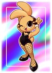 4_fingers abstract_background accessory anthro black_bow_tie black_clothing black_eyes black_footwear black_hairband black_high_heels border bow_tie buckteeth bunny_costume clothing costume eyelashes female fingers fishnet_clothing fishnet_leggings fishnet_legwear footwear fur hair_accessory hairband high_heels leggings legwear leotard looking_up one_eye_closed open_mouth open_smile pink_tongue raised_arms scut_tail shirt_collar shoes short_tail smile solo tail teeth tongue white_border white_clothing white_leotard white_shirt_collar white_shirt_cuffs yellow_body yellow_ears yellow_fur yellow_tail conditional_dnp gaturo bonita_(gaturo) lagomorph leporid mammal rabbit 2024 digital_media_(artwork) hi_res shaded