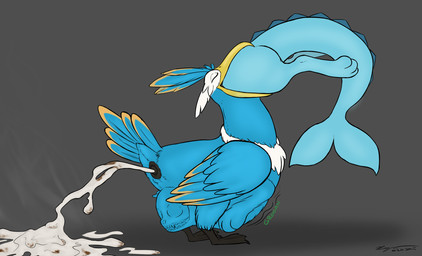 abdominal_bulge ambiugous_prey animal_genitalia avian_feet beak blue_body cloaca digestion disposal facial_markings feathered_crest feathered_wings feathers feces feet feral feral_pred feral_prey genitals green_eyes head_crest head_markings instant_digestion male male_pred markings mask_(marking) membrane_(anatomy) oral_vore same_size_vore scat_disposal skull_bulge tail tail_feathers toes vore webbed_feet white_markings wings yellow_markings refe2 nintendo pokemon fan_character thunk_(gyro) avian cramorant generation_8_pokemon pokemon_(species) hi_res