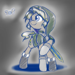 ambiguous_gender blonde_hair clothed clothing cutie_mark feral hair melee_weapon quadruped simple_background solo sword weapon alazak hasbro my_little_pony nintendo ocarina_of_time the_legend_of_zelda link navi earth_pony equid equine horse mammal pony crossover