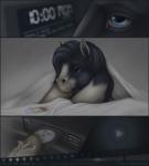 black_body black_fur black_hair blue_eyes comic equid equine fur hair hi_res hooves horse male mammal pony solo text waking_up wiredhooves
