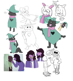 4_fingers ambiguous_gender anthro biped black_body black_eyes black_fur blush bone bottomwear brown_hair cheek_tuft clothed clothing creepy_smile dessert empty_eyes eyewear facial_tuft female fingers floppy_ears food footwear freckles frown fully_clothed fur glasses grin group hair hair_over_eyes hand_holding happy hat head_tuft headgear headwear heart_symbol holding_food holding_object holding_weapon horn jacket knife locker looking_at_viewer looking_down lying male multiple_poses open_mouth open_smile pants pattern_clothing pawpads paws pose purple_body purple_scales robe scales scarf shirt shoes shorts simple_background skeleton slippers smile snout speech_bubble standing striped_clothing stripes sweater teeth text topwear tuft walking weapon white_background white_eyes witch_hat twopartpersons_(artist) deltarune undertale undertale_(series) kris_dreemurr ralsei sans_(undertale) susie_(deltarune) animated_skeleton bovid caprine darkner goat human mammal scalie undead 2018 english_text hi_res sketch