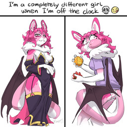 bat_wings caught_in_the_act chewing eating emoji female food fruit humor looking_back membrane_(anatomy) membranous_wings plant strawberry text wings kapri domino's_employee_before_and_after bat mammal 1:1 absurd_res hi_res meme