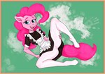 anthro blue_eyes clothing female hair legwear maid_uniform pantyhose pink_body pink_hair pink_skin solo spread_legs spreading underwear uniform white_clothing white_legwear white_pantyhose furrytan friendship_is_magic hasbro my_little_pony pinkie_pie_(mlp) earth_pony equid equine horse mammal pony hi_res