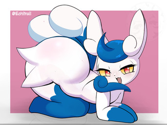 all_fours anthro bedroom_eyes big_butt biped black_nose blue_body blue_fur blue_hair blue_markings butt female fur gloves_(marking) hair huge_butt leg_markings looking_at_viewer markings narrowed_eyes neck_tuft nude open_mouth seductive short_hair shortstack shortstack_female side_view simple_background socks_(marking) solo thick_thighs tongue tuft white_body white_fur wide_hips ecchitrail nintendo pokemon generation_6_pokemon meowstic meowstic_(female) pokemon_(species) 2026 hi_res