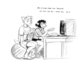 anthro ball bottomwear chair clothing computer desk dialogue duo electronics exercise_ball eye_bags eyewear female furniture glasses male on_chair shorts sitting sitting_on_ball sitting_on_chair table text hladilnik daniel_(hladilnik) marylin_(hladilnik) american_opossum canid canine canis mammal marsupial virginia_opossum wolf 2026 black_and_white english_text hi_res monochrome