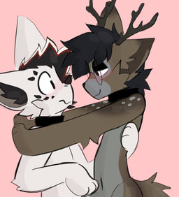anthro antlers arm_around_back black_hair blush brown_body brown_fur eye_contact eyewear fur glasses hair horn looking_at_another male male/male multicolored_hair nude pink_background pinned pinned_to_wall simple_background suggestive_look wearing_glasses white_body white_fur skipper_katt skipper_pupp mythology icarus_(skaicarus) deer dragon furred_dragon furred_scalie mammal mythological_creature mythological_scalie scalie digital_media_(artwork) hi_res