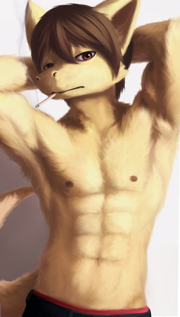 abs anthro athletic athletic_male bottomwear cigarette clothing fur looking_at_viewer male pants pose solo tail underwear unit_no04 mythology hares_(unit_no04) dragon furred_dragon furred_scalie mythological_creature mythological_scalie scalie hi_res