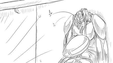 ambiguous_gender decapitation handrail leaning_on_wall machine metal metallic_body neck_injury severed_body_part severed_head sitting solo sparks spine yelling dragonweirdo mills_(dragonweirdo) humanoid robot robot_humanoid 16:9 hi_res monochrome widescreen