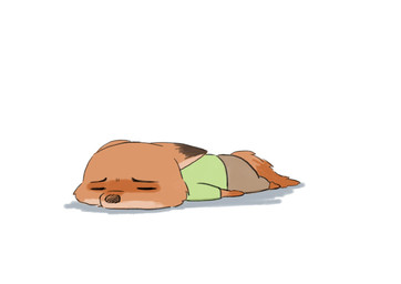anthro chibi clothed clothing dipstick_ears ear_markings eyes_closed fully_clothed fur lying multicolored_ears on_front orange_body orange_fur simple_background solo white_background disney_kogaki disney zootopia nick_wilde canid canine fox mammal red_fox true_fox 2021 hi_res
