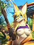 accessory anthro ar-15 big_breasts blonde_hair breasts butterfly_clip clothed clothing eyewear facial_piercing female glasses gun hair hair_accessory hairclip navel navel_piercing nipples piercing raised_clothing raised_shirt raised_topwear ranged_weapon rifle shirt smile solo topwear weapon hihikori kaiyonato canid canine fennec_fox fox mammal true_fox 2019 absurd_res hi_res