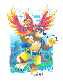 3_toes anthro backpack barefoot beak belt blue_eyes claws clothing cloud duo feet female fur grass green_eyes male one_eye_closed open_mouth plant smile toes tree water wings wink the-chu banjo-kazooie rareware banjo_(banjo-kazooie) kazooie avian bear breegull mammal 2019 hi_res