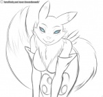 2015 anthro bandai_namco bent_over black_sclera blue_eyes breasts canid canine clothing digimon digimon_(species) doomthewolf english_text featureless_breasts female fur gloves half-closed_eyes handwear looking_at_viewer mammal markings mostly_nude narrowed_eyes open_mouth pupils renamon simple_background sketch slit_pupils smile solo teeth text tuft white_background